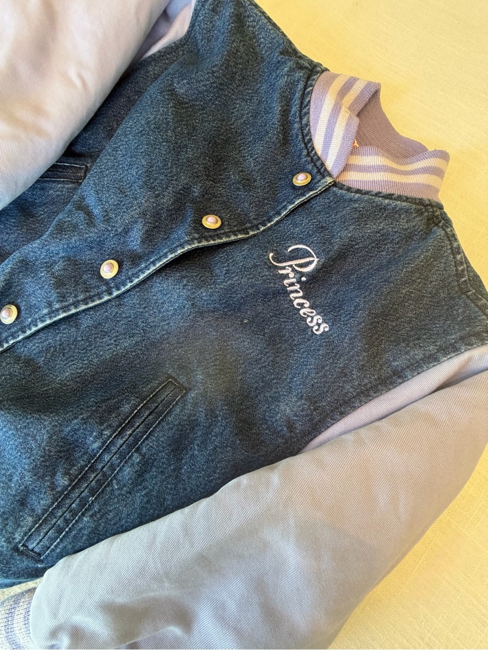 Disney sparkle Denim-Look Kids Jacket with Lavender Accents and embroidered Bell